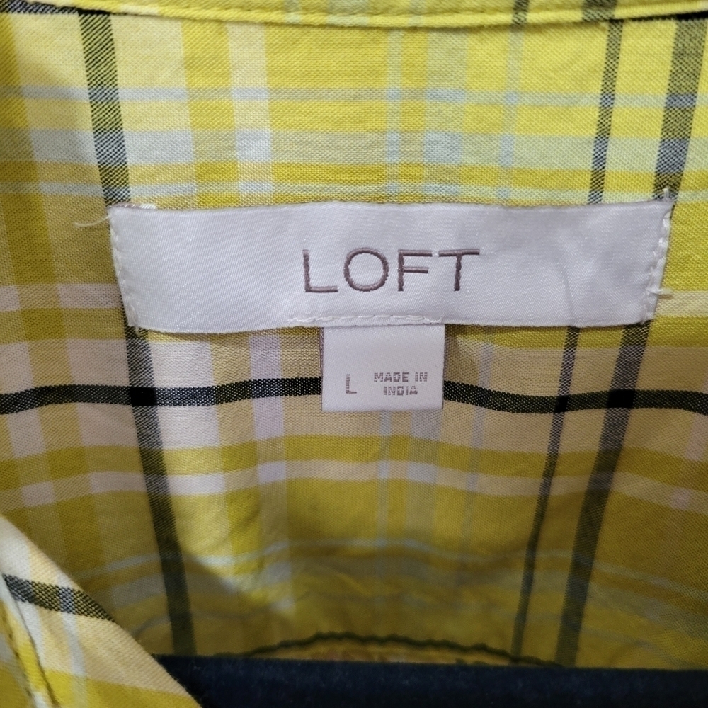 Loft Women's Yellow Plaid Long Sleeve Button Up Ruffle Shirt Size Large - Picture 10 of 12